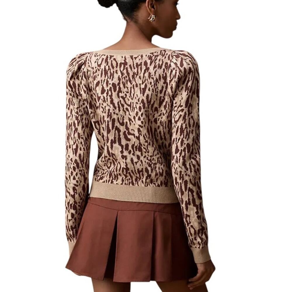 Anthropologie Maeve Tan Leopard Puff Sleeve Pullover Sweater - Picture 3 of 10